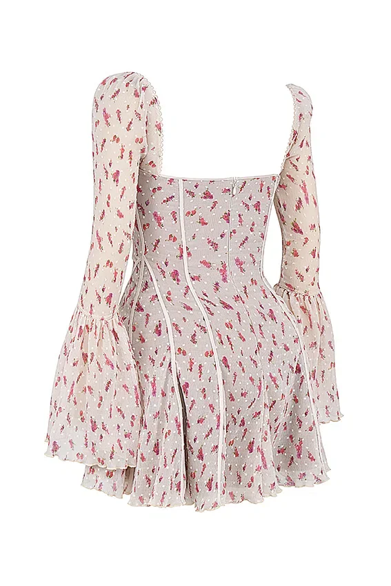 Analissa Vintage crèmekleurige mini-jurk met rozenprint als onderdeel van het Korsetten-korset
