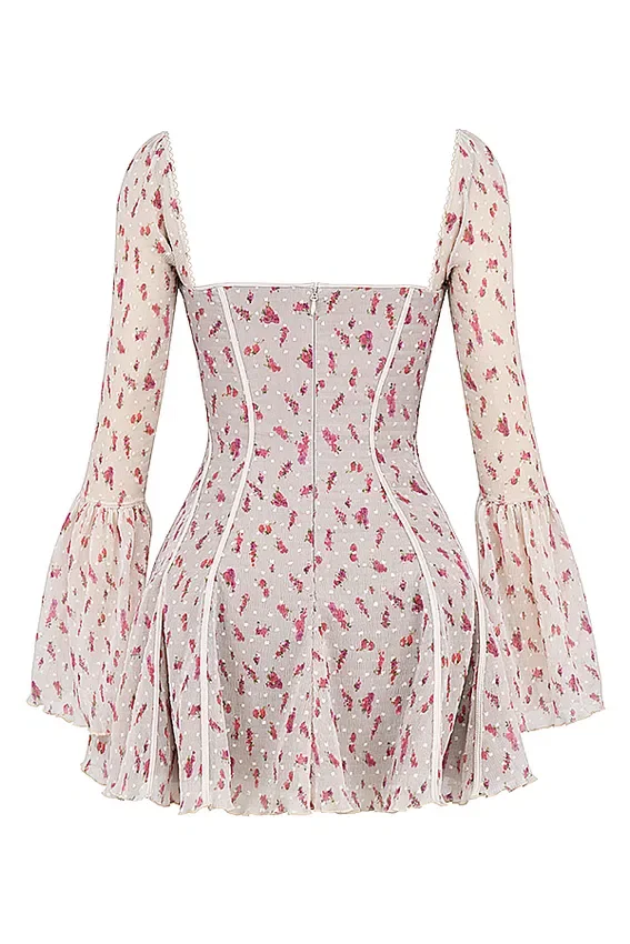 Analissa Vintage crèmekleurige mini-jurk met rozenprint als onderdeel van het Korsetten-korset