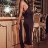 Angelina chocoladebruine midi-jurk met overslaghals