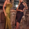 Angelina chocoladebruine midi-jurk met overslaghals