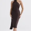 Angelina chocoladebruine midi-jurk met overslaghals