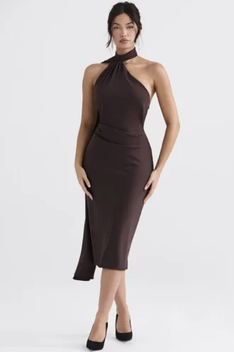Angelina chocoladebruine midi-jurk met overslaghals