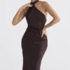 Angelina chocoladebruine midi-jurk met overslaghals