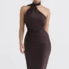 Angelina chocoladebruine midi-jurk met overslaghals