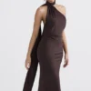 Angelina chocoladebruine midi-jurk met overslaghals