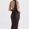 Angelina chocoladebruine midi-jurk met overslaghals