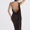 Angelina chocoladebruine midi-jurk met overslaghals