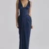 Angeline marineblauwe satijnkorset maxi-jurk