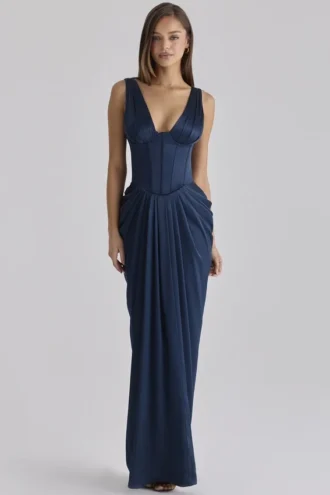 Angeline marineblauwe satijnkorset maxi-jurk