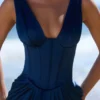 Angeline marineblauwe satijnkorset maxi-jurk