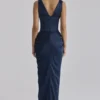 Angeline marineblauwe satijnkorset maxi-jurk