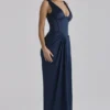 Angeline marineblauwe satijnkorset maxi-jurk
