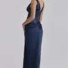 Angeline marineblauwe satijnkorset maxi-jurk