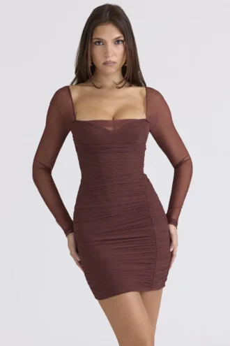 Anouk Mocha Mesh mini-jurk met lange mouwen