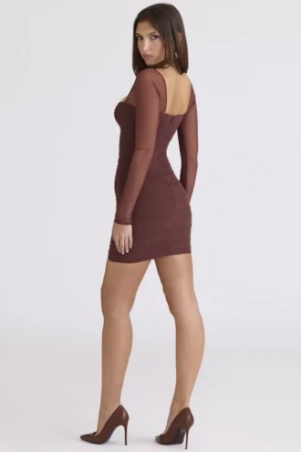 Anouk Mocha Mesh mini-jurk met lange mouwen