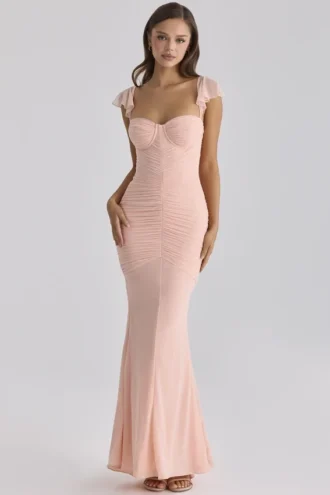 Antonella Perzikkleurige mesh maxi-jurk
