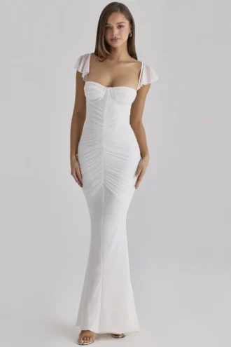Antonella witte maxi-jurk met gerimpelde mesh
