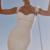 Antonella witte maxi-jurk met gerimpelde mesh
