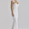 Antonella witte maxi-jurk met gerimpelde mesh