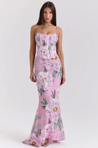 Antonina roze maxi-jurk met bloemenprint als korset