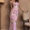 Antonina roze maxi-jurk met bloemenprint als korset