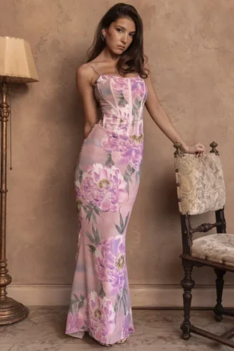Antonina roze maxi-jurk met bloemenprint als korset