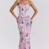 Antonina roze maxi-jurk met bloemenprint als korset