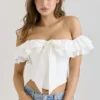Aria Wit stretchkatoenen off-shoulder korset met ruches