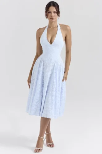 Arietta Bluebell Floral Jacquard Halter Midi-jurk
