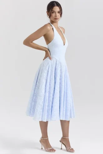 Arietta Bluebell Floral Jacquard Halter Midi-jurk