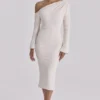 Arista Vintage ivoorkleurige gedrapeerde crêpe midi-jurk met één schouder