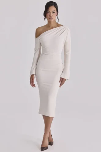 Arista Vintage ivoorkleurige gedrapeerde crêpe midi-jurk met één schouder