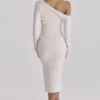 Arista Vintage ivoorkleurige gedrapeerde crêpe midi-jurk met één schouder