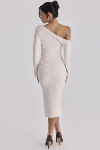 Arista Vintage ivoorkleurige gedrapeerde crêpe midi-jurk met één schouder