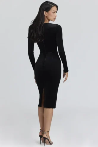 Asha zwarte fluwelen midi-jurk