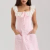 Astra roze katoen mini-jurk met ruches en ginghamprint