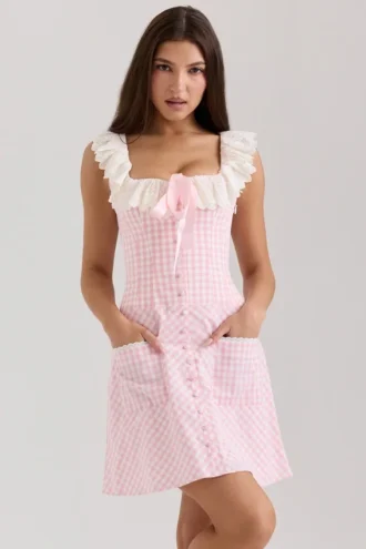 Astra roze katoen mini-jurk met ruches en ginghamprint