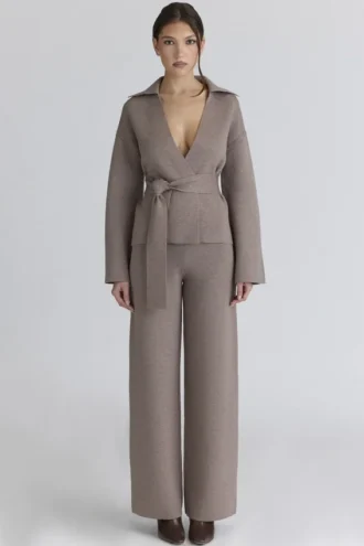 Avery Taupe wollen broek met wijde pijpen