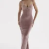 Azalea zachtroze fluwelen midi-jurk