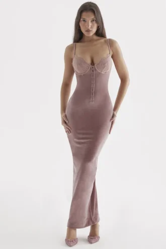 Azalea zachtroze fluwelen midi-jurk