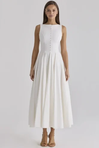 Azalina witte maxi-jurk met boothals en knoopsluiting