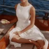 Azalina witte maxi-jurk met boothals en knoopsluiting