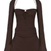 Baby Chocoladebruine Chiffon Mini-Halterjurk met Uitsnijdingen