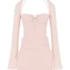 Baby Pink Quartz Chiffon Cutout Halter Mini Jurk
