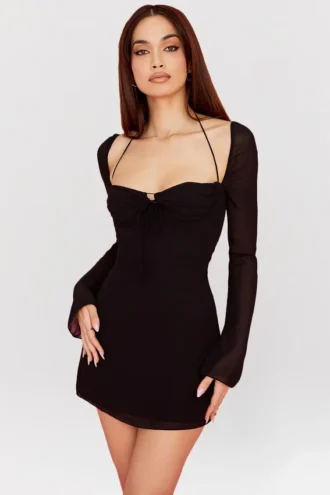 BabyDoll Zwarte chiffon halter mini-jurk