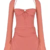 Babyroze chiffon mini-jurk met uitsnijdingen en halternek