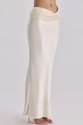 Beau Vintage ivoorkleurige satijnen gedrapeerde maxi-rok