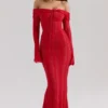 Belle rode off-shoulder maxi-jurk met bloemenkant