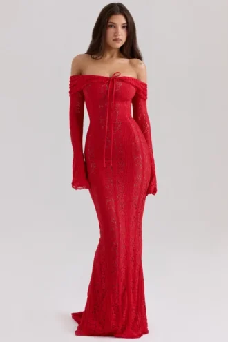 Belle rode off-shoulder maxi-jurk met bloemenkant