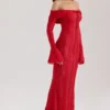 Belle rode off-shoulder maxi-jurk met bloemenkant